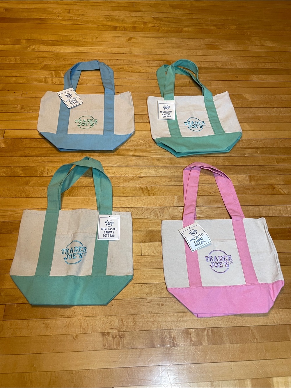 Trader Joe’s Mini Pastel Canvas Tote Bags - Pink, Blue, Green Set of 4 NWT